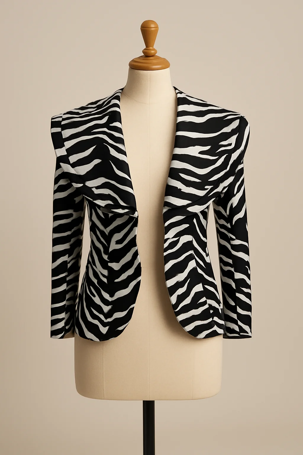 Zebra print jacket on dress form, custom made by HMN Alteration & Tailoring