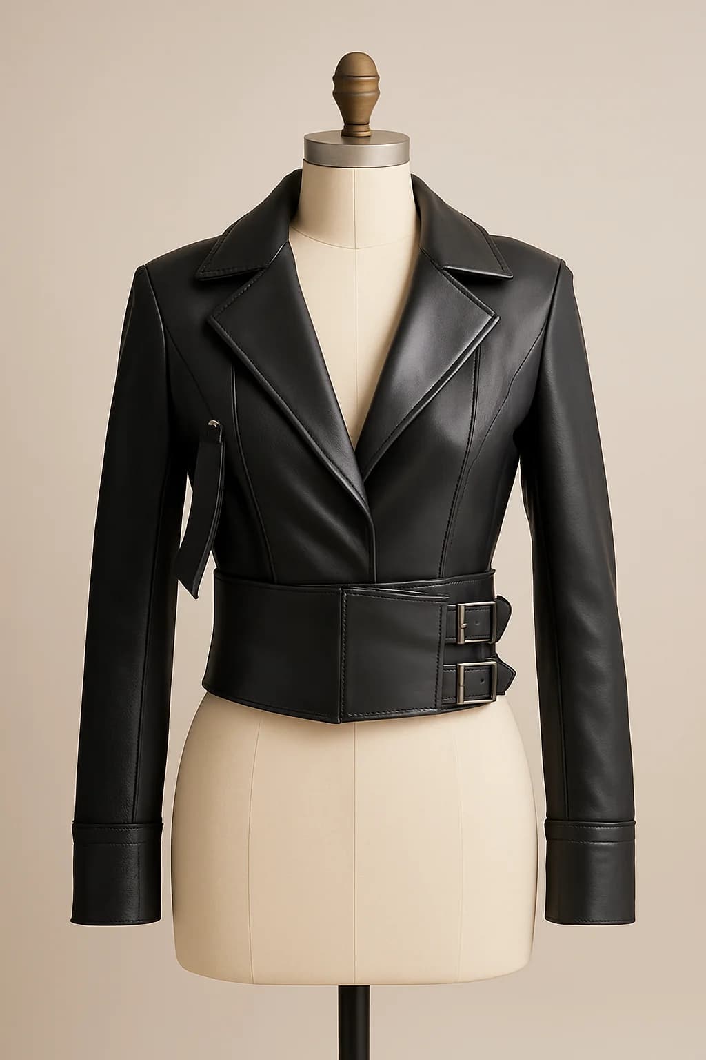 Black leather cropped jacket with corset belt, custom made by HMN Alteration & Tailoring