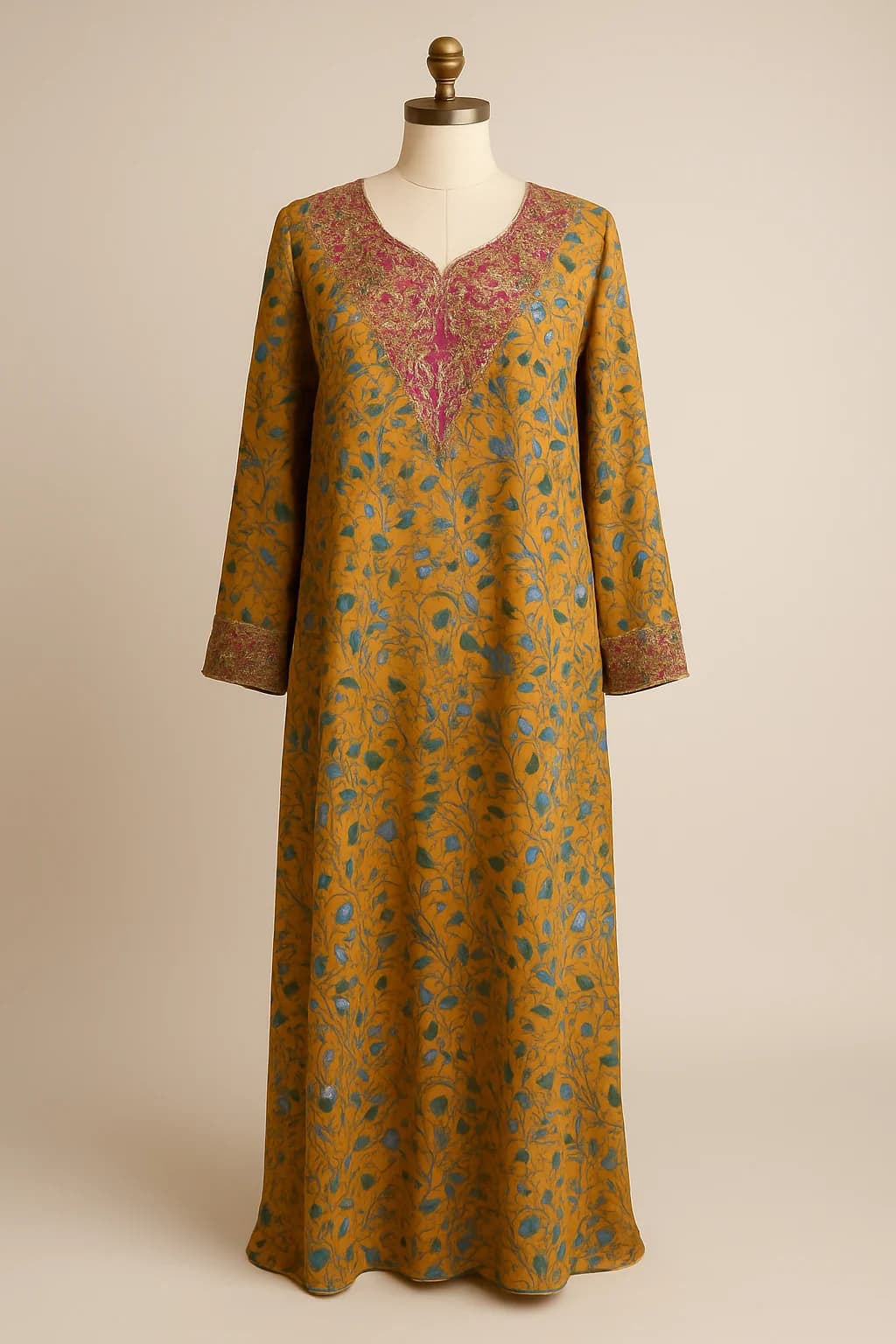 Mustard floral silk kaftan, custom made by HMN Alteration & Tailoring