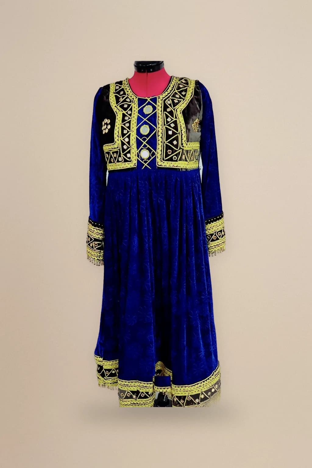 Royal blue velvet Afghan dress with gold embroidery and mirror work, custom made by HMN Alteration & Tailoring