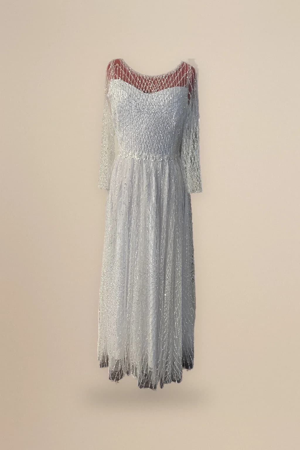 White sequin lace wedding gown with sheer yoke, custom made by HMN Alteration & Tailoring