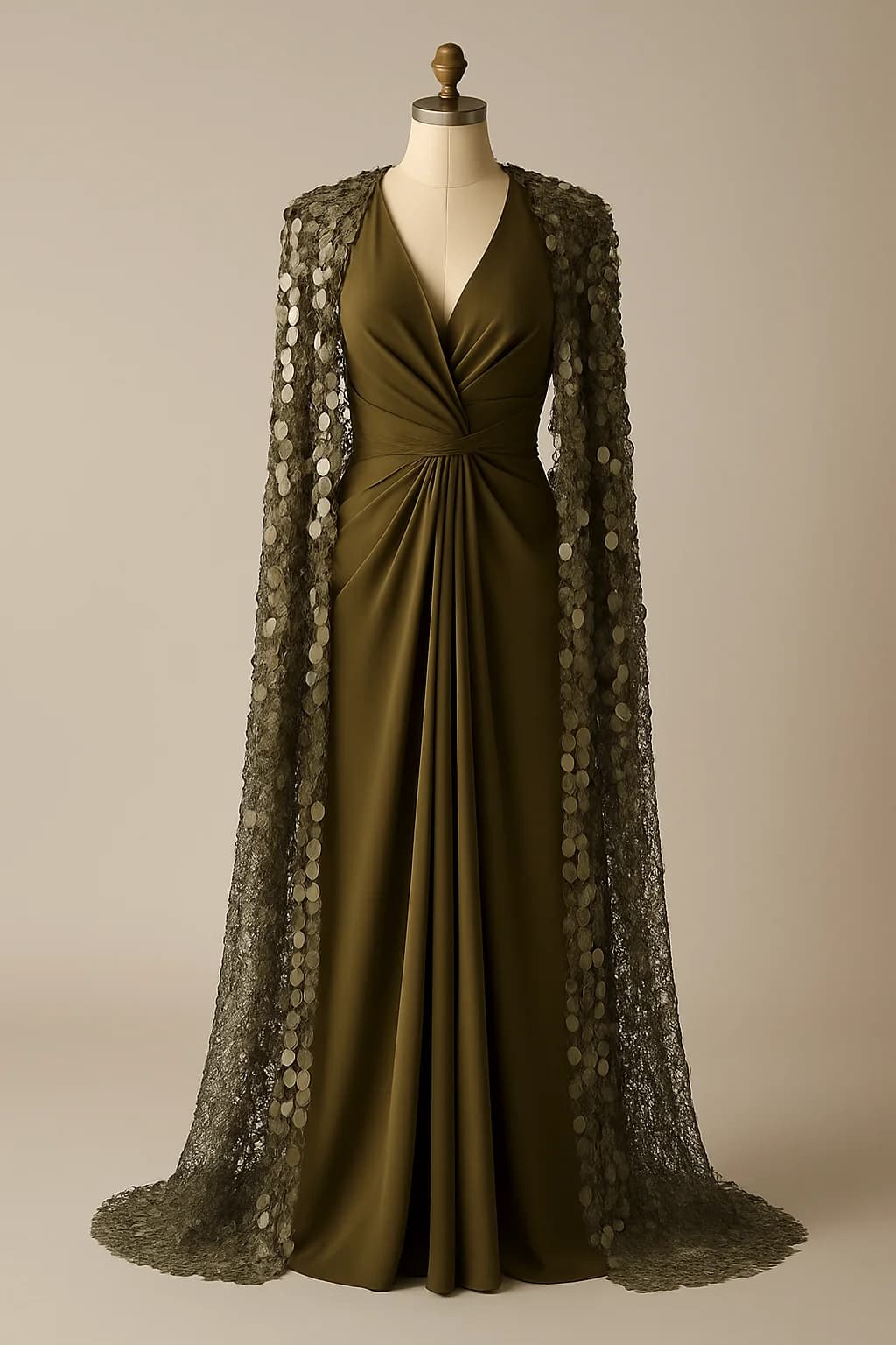 Olive sequin-sleeve draped gown, custom made by HMN Alteration & Tailoring