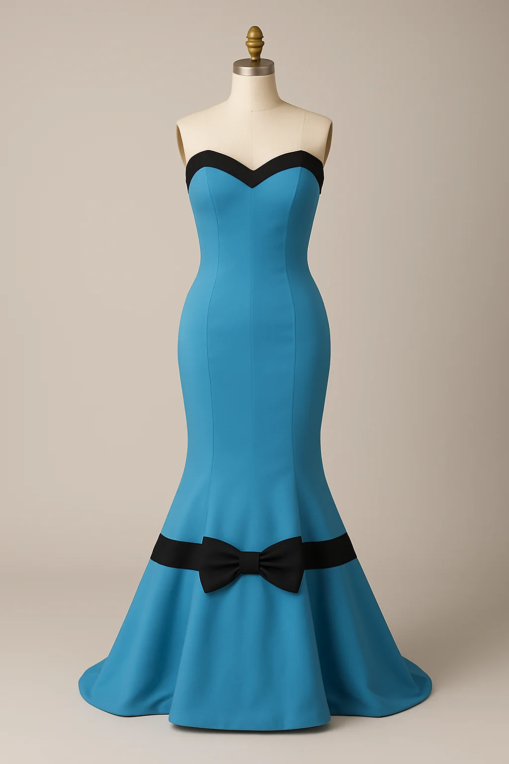Turquoise satin mermaid gown with black bow, custom made by HMN Alteration & Tailoring